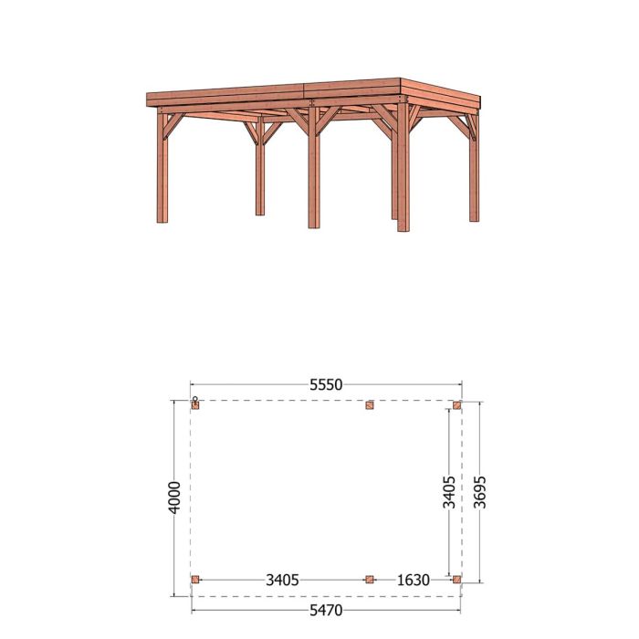 Buitenverblijf Refter XL 555x400x260 cm (bxdxh) - tekening met afmetingen rechts