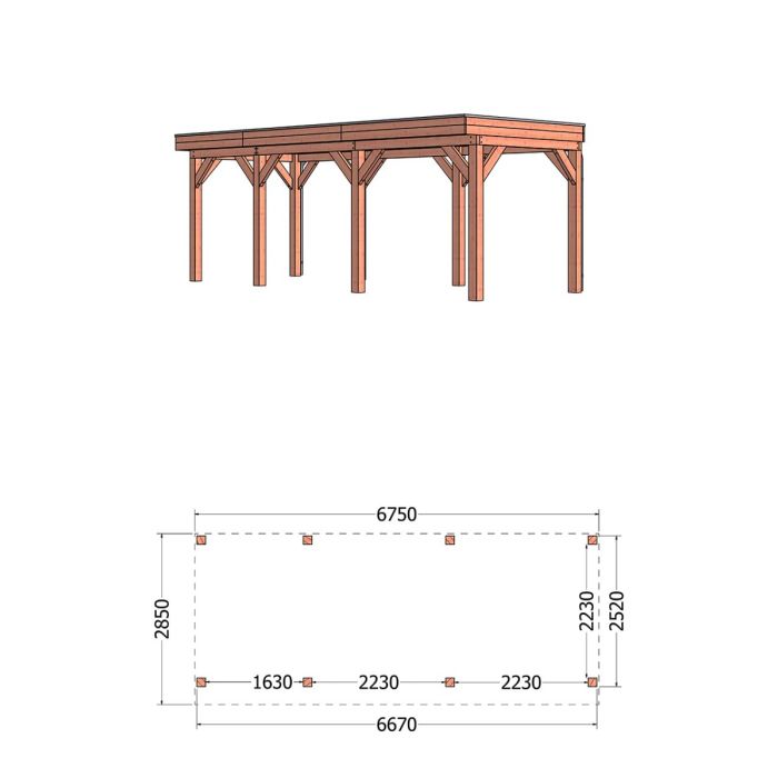 Buitenverblijf Refter XL 675x285x260 cm (bxdxh) - tekening met afmetingen links