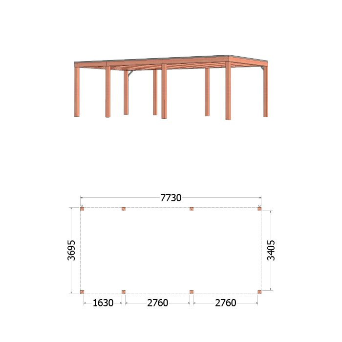 Buitenverblijf Palermo 775x370x245 cm (bxdxh) - tekening met afmetingen