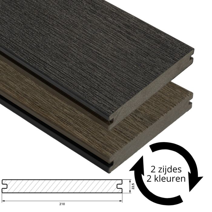 Fiberdeck Vintage Vlonderplank 22,5x210 mm - Lengte 500 cm - Graphite / Wengé (massieve brede vlonderplank)