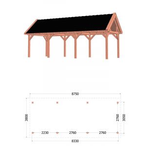 Buitenverblijf Zadeldak XL 875x380x395 cm (bxdxh) - tekening met afmetingen