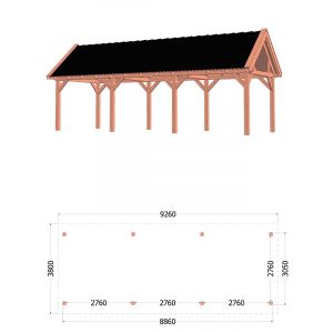 Buitenverblijf Zadeldak XL 926x380x395 cm (bxdxh) - tekening met afmetingen