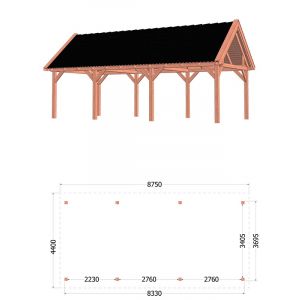 Buitenverblijf Zadeldak XL 875x440x425 cm (bxdxh) - tekening met afmetingen