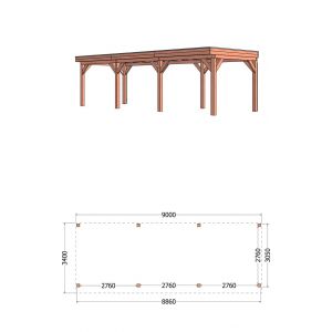 Buitenverblijf Refter XL 900x340x260 cm (bxdxh) - tekening met afmetingen