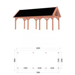 Buitenverblijf Zadeldak XL 820x380x395 cm (bxdxh) - tekening met afmetingen