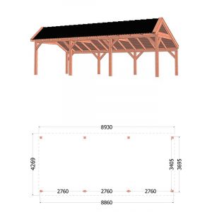 Kapschuur de Stee 900x425x335 cm (bxdxh) - tekening met afmetingen