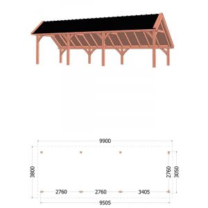 Kapschuur de Hoeve XL 990x380x345 cm (bxdxh) - tekening met afmetingen