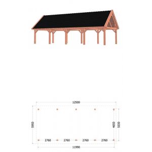 Buitenverblijf Zadeldak XXL 1250x595x490 cm (bxdxh) - tekening met afmetingen