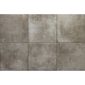 Stijlvolle taupekleurige Cerasun Vulcano Taupe keramische terrastegel van 80x80 cm met betonvoet, geschikt voor eenvoudige verwerking in de tuin.