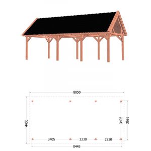 Buitenverblijf Zadeldak XL 885x440x425 cm (bxdxh) - tekening met afmetingen