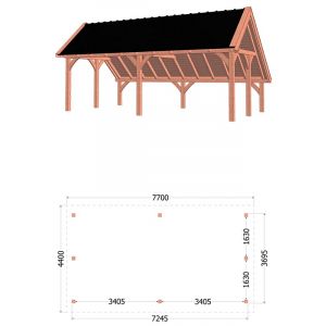 Kapschuur de Hoeve XL 770x440x375 cm (bxdxh) - tekening met afmetingen