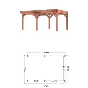 Buitenverblijf Refter XL 550x400x260 cm (bxdxh) - tekening met afmetingen links