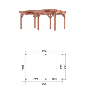 Buitenverblijf Refter XL 550x400x260 cm (bxdxh) - tekening met afmetingen rechts