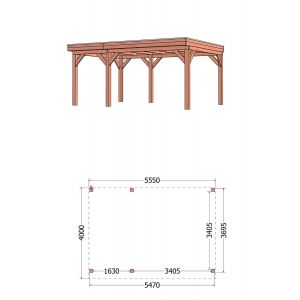 Buitenverblijf Refter XL 555x400x260 cm (bxdxh) - tekening met afmetingen links