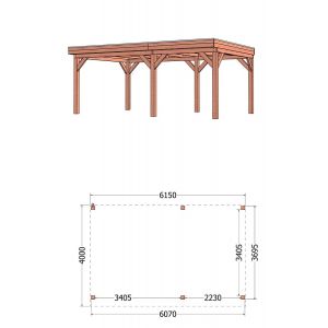 Buitenverblijf Refter XL 615x400x260 cm (bxdxh) - tekening met afmetingen rechts
