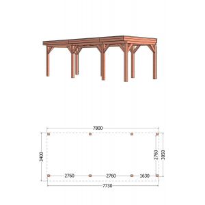 Buitenverblijf Refter XL 780x340x260 cm (bxdxh) - tekening met afmetingen rechts