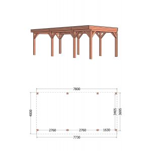 Buitenverblijf Refter XL 780x400x260 cm (bxdxh) - tekening met afmetingen rechts