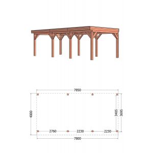 Buitenverblijf Refter XL 785x400x260 cm (bxdxh) - tekening met afmetingen links