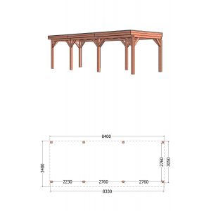 Buitenverblijf Refter XL 840x340x260 cm (bxdxh) - tekening met afmetingen links