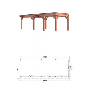 Buitenverblijf Refter XL 850x340x260 cm (bxdxh) - tekening met afmetingen links