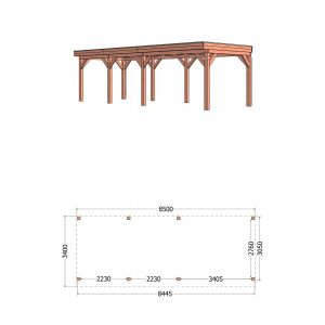 Buitenverblijf Refter XL 850x340x260 cm (bxdxh) - tekening met afmetingen rechts