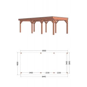 Buitenverblijf Refter XL 850x400x260 cm (bxdxh) - tekening met afmetingen links