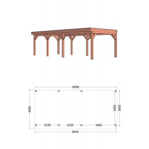 Buitenverblijf Refter XL 850x400x260 cm (bxdxh) - tekening met afmetingen rechts
