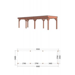 Buitenverblijf Refter XL 955x340x260 cm (bxdxh) - tekening met afmetingen rechts