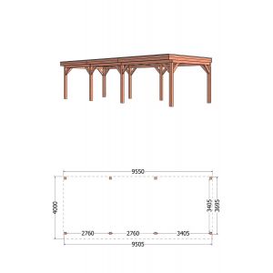 Buitenverblijf Refter XL 955x400x260 cm (bxdxh) - tekening met afmetingen rechts