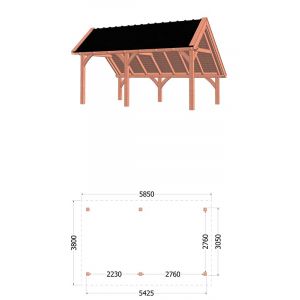 Kapschuur de Hoeve XL 585x380x345 cm (bxdxh) - tekening met afmetingen links