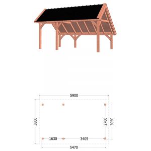 Kapschuur de Hoeve XL 590x380x345 cm (bxdxh) - tekening met afmetingen links