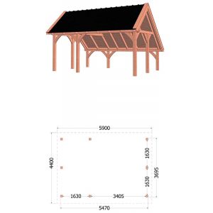 Kapschuur de Hoeve XL 590x440x375 cm (bxdxh) - tekening met afmetingen links