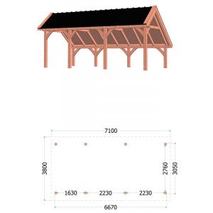 Kapschuur de Hoeve XL 710x380x345 cm (bxdxh) - tekening met afmetingen links