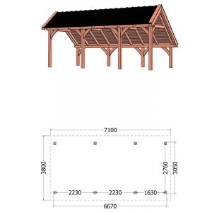 Kapschuur de Hoeve XL 710x380x345 cm (bxdxh) - tekening met afmetingen rechts