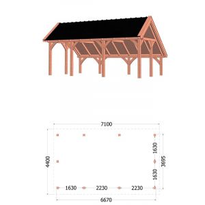Kapschuur de Hoeve XL 710x440x375 cm (bxdxh) - tekening met afmetingen links