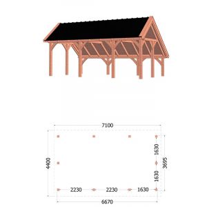 Kapschuur de Hoeve XL 710x440x375 cm (bxdxh) - tekening met afmetingen rechts