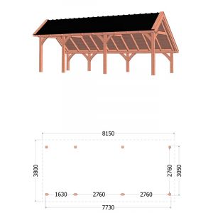 Kapschuur de Hoeve XL 815x380x345 cm (bxdxh) - tekening met afmetingen links