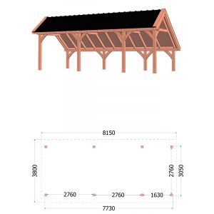 Kapschuur de Hoeve XL 815x380x345 cm (bxdxh) - tekening met afmetingen rechts