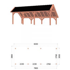 Kapschuur de Hoeve XL 820x380x345 cm (bxdxh) - tekening met afmetingen rechts