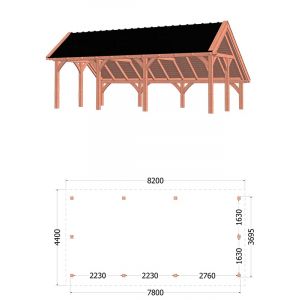 Kapschuur de Hoeve XL 820x440x375 cm (bxdxh) - tekening met afmetingen rechts