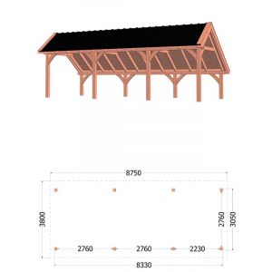 Kapschuur de Hoeve XL 875x380x345 cm (bxdxh) - tekening met afmetingen rechts