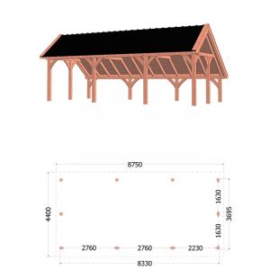 Kapschuur de Hoeve XL 875x440x375 cm (bxdxh) - tekening met afmetingen rechts