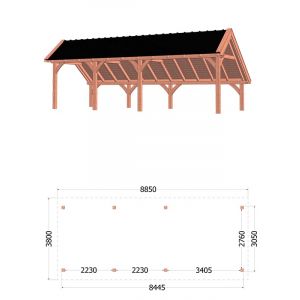 Kapschuur de Hoeve XL 885x380x345 cm (bxdxh) - tekening met afmetingen rechts