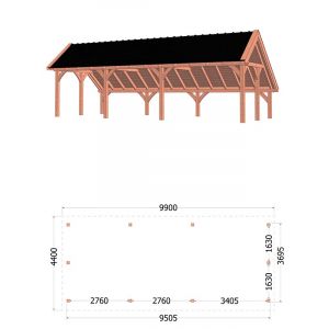 Kapschuur de Hoeve XL 990x440x375 cm (bxdxh) - tekening met afmetingen rechts