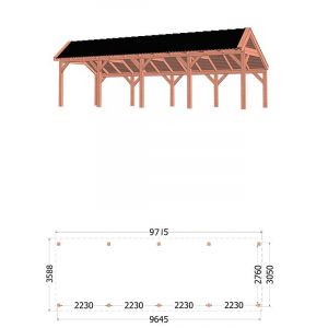 Kapschuur de Stee 980x360x335 cm (bxdxh) - tekening met afmetingen