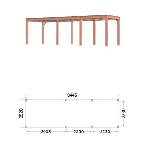 Buitenverblijf Palermo 845x255x245 cm (bxdxh) - tekening met afmetingen