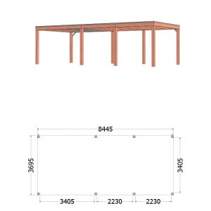 Buitenverblijf Palermo 845x370x245 cm (bxdxh) - tekening met afmetingen