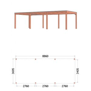 Buitenverblijf Palermo 890x370x245 cm (bxdxh) - vooraanzicht met afmetingen