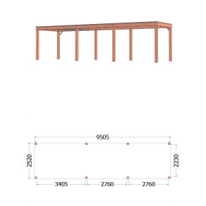 Buitenverblijf Palermo 955x255x245 cm (bxdxh) - tekening met afmetingen