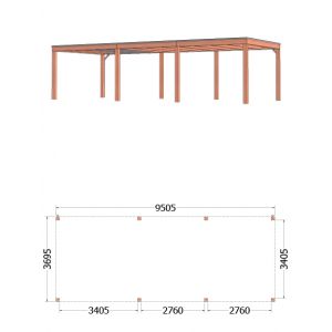 Buitenverblijf Palermo 955x370x245 cm (bxdxh) - vooraanzicht met afmetingen